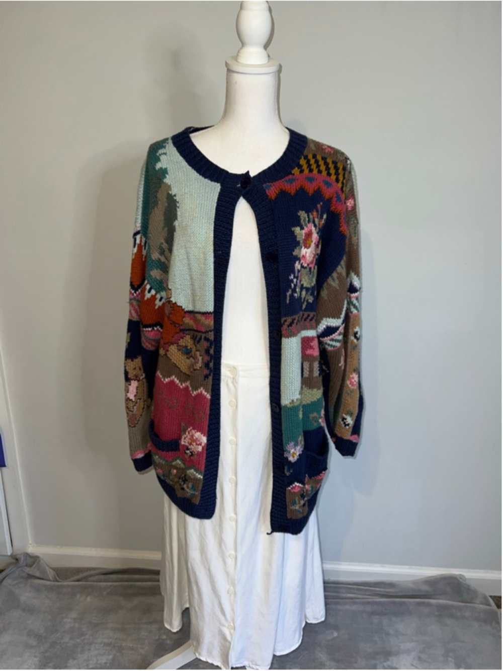 VTG Together! Knit Patchwork Cardigan L Navy Multi-color